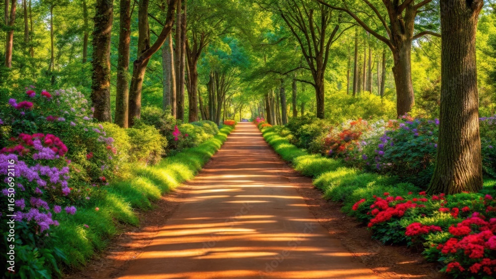 Obraz premium Sunlit garden path lined with vibrant flowers and lush greenery