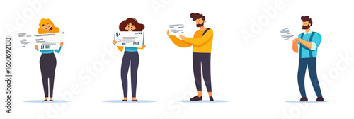 Four anxious people holding large bills and letters with financial debts and loan payments in flat minimalist style vector illustration