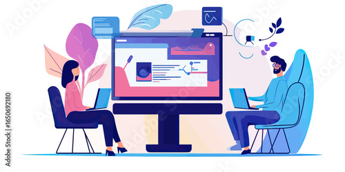 Two people using laptops for online learning with large digital screen showing charts and data in flat vector illustration