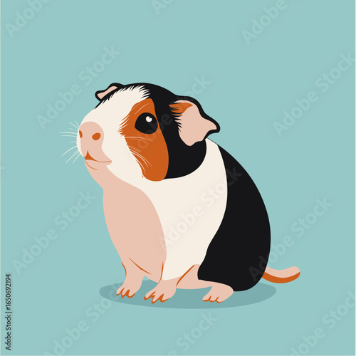 Colorful tricolor guinea pig sitting with alert expression on light blue background in flat minimalist vector style illustration for pet concept and animal lover design