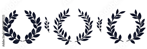 Set of black laurel wreath silhouettes with leaves and branches isolated on white background in flat minimalist style for awards and achievements decoration design elements vector illustration