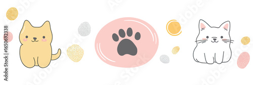 Cute cartoon cats and paw print with colorful dots in minimalist hand drawn style pet illustration design for animal lover decor and icons