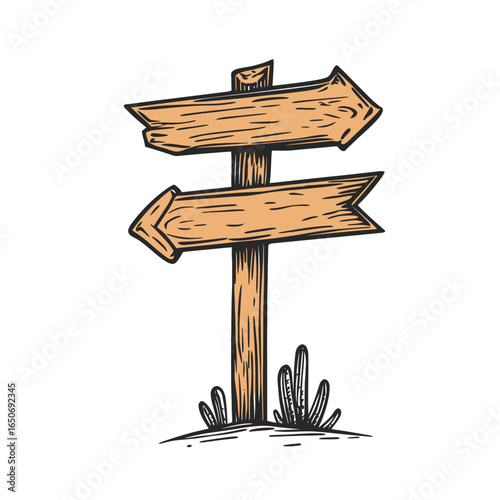Hand drawn wooden signpost with two arrow direction signs pointing opposite ways in rustic western style sketch illustration on white background