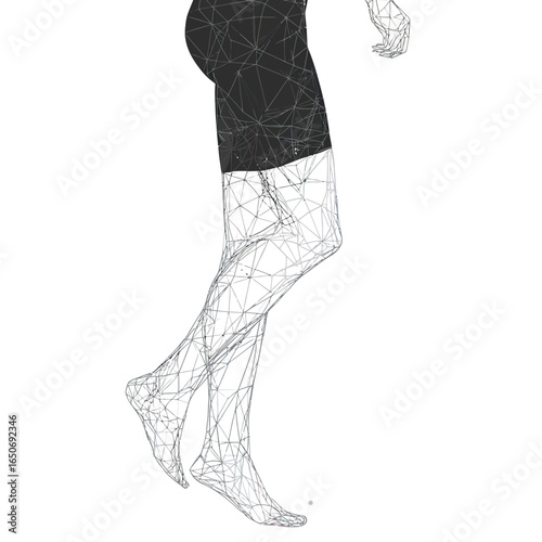 Low poly vector human legs illustration with wireframe geometry mesh and black polygon shorts isolated on white background for sport health concept design