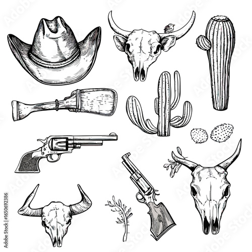 Hand drawn western cowboy vector set with cowboy hat, revolver guns, cactus plants, cow skulls, and tomahawk in detailed sketch line art style