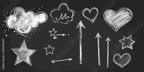 Hand drawn white chalk arrows hearts stars cloud speech bubbles doodle sketch elements on blackboard background vector illustration