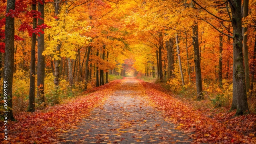Fototapeta premium Vibrant autumn forest path lined with colorful trees