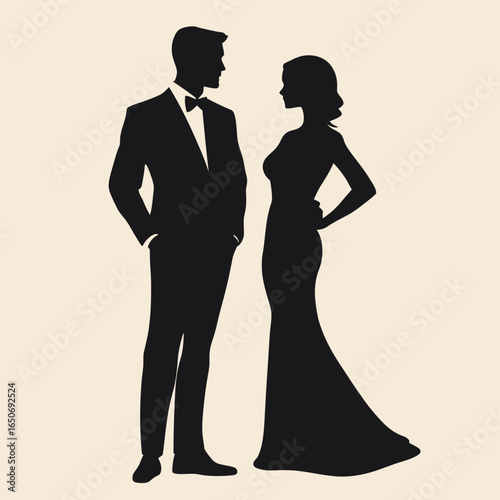 Silhouette of elegant man in tuxedo and woman in evening gown standing together facing each other minimal flat vector illustration black on beige background