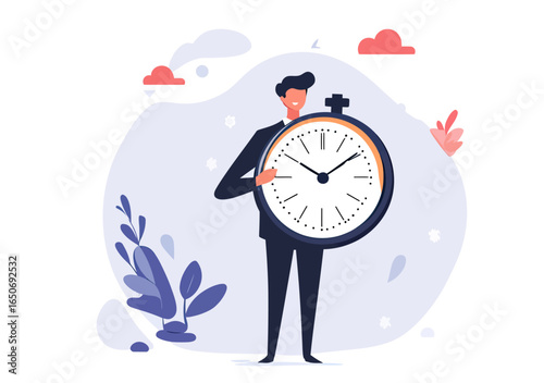 Businessman holding large stopwatch illustration with minimalist flat design on white background for time management and punctuality concept