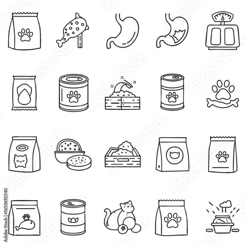 Pet food and animal health outline icon collection. This simple line art set includes symbols for cat and dog nutrition, digestion, and feeding products