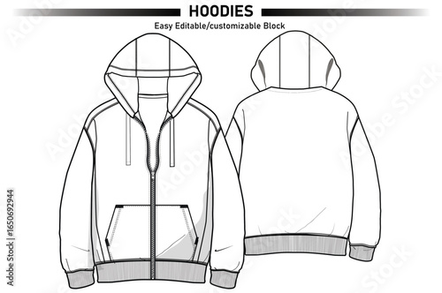 Hoodie flat technical drawing template : Front Back