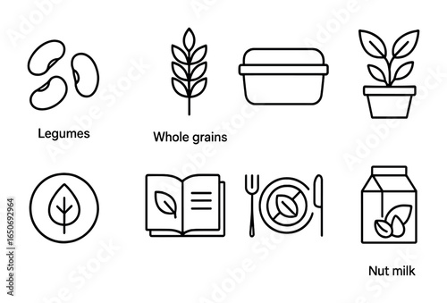 Sustainable Diet Icons. Outline icon set of sustainable diet: legumes, whole grains, reusable lunchbox,