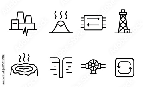 Geothermal Energy Icons. Outline icon set of geothermal energy: geothermal plant, steam vent, heat exchanger,