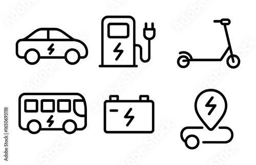 Electric Transport Icons. Outline icon set of electric transportation: EV car, charging station, electric bus,