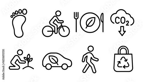 Carbon Footprint Icons. Outline icon set of carbon footprint reduction: footprint icon, bike commuter, vegan
