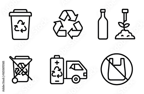 Recycling Icons Collection. Outline icon set of recycling and waste: recycle bin, paper arrows, compost icon,