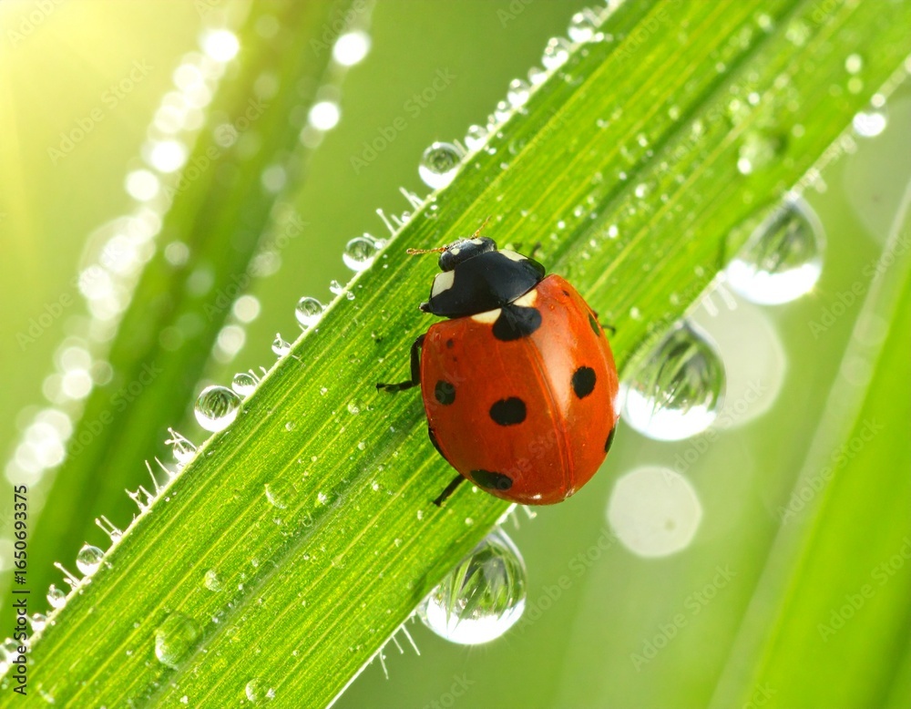 Naklejka premium Ladybug on Dewy Grass