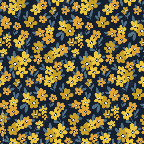 Seamless floral pattern, liberty ditsy print in dark vintage motif. Beautiful botanical design, textile print with fond daisy field, small hand drawn yellow flowers, tiny leaves. Vector illustration.