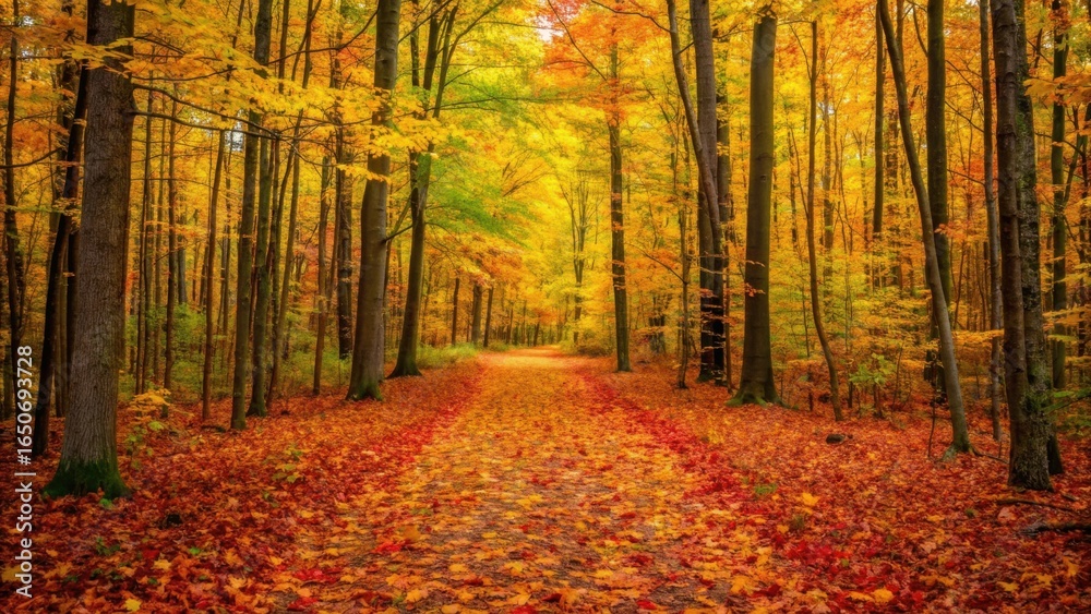 Fototapeta premium Autumn forest path covered in vibrant fallen leaves