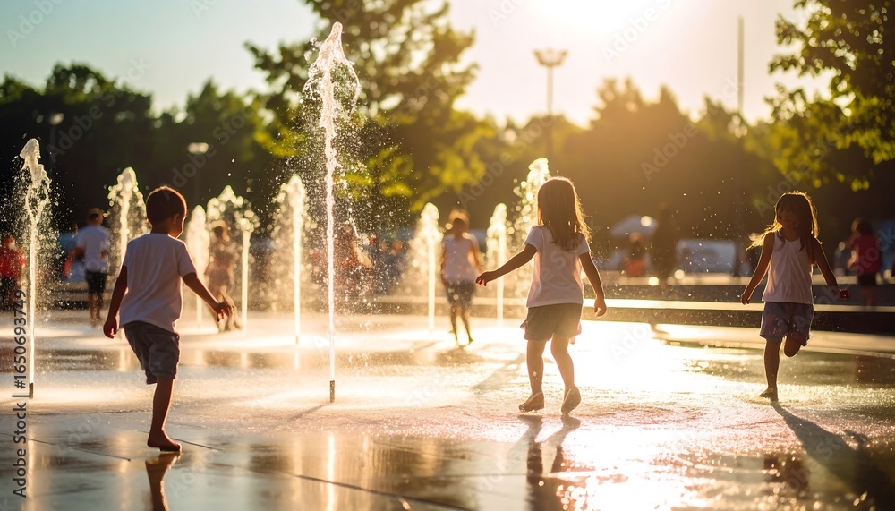 Obraz premium Children playing in a water fountain at sunset.