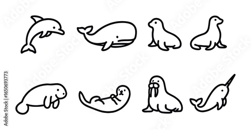 Aquatic Mammals Icon Set. Outline icon set of aquatic mammals: dolphin, whale, seal, sea lion, manatee, otter,