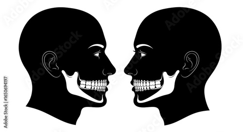 Two facing human head silhouettes with visible skull structures in black and white design art