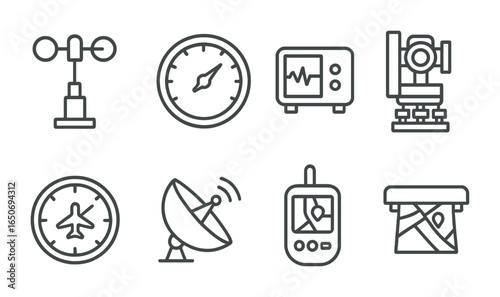 Geographical Instrument Icons. Outline icon set of geographical instruments: anemometer, barometer,