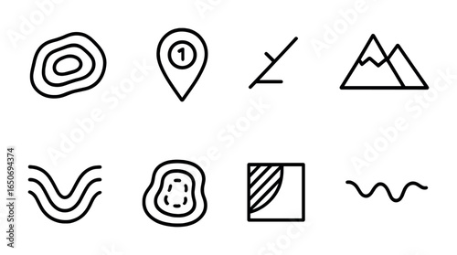 Topographic Map Icons. Outline icon set of topographic map elements: contour lines, elevation marker, slope