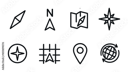 Compass Navigation Icons. Outline icon set of compass and orientation: compass needle, north arrow, map