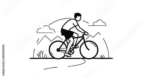 Minimalist line art illustration of a person cycling on a scenic mountain trail, representing an active outdoor lifestyle and adventure