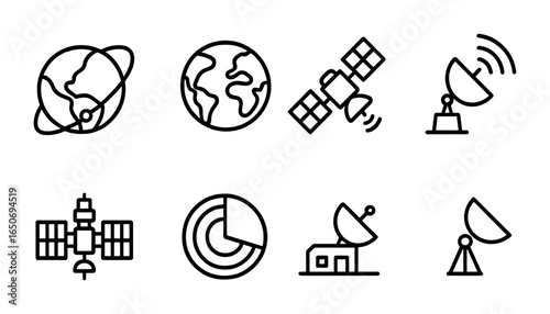 Satellite Icon Set. Outline icon set of satellite geography: orbit path, Earth from space, satellite panel,