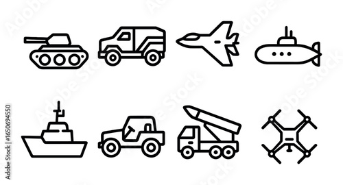 War Vehicle Line Icons. Outline icon set of war vehicles: tank, armored truck, jet fighter, submarine, warship