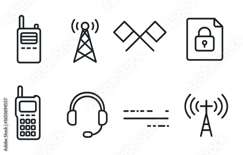 Military Communication Icons. Outline icon set of military communication: walkie-talkie, radio tower, signal