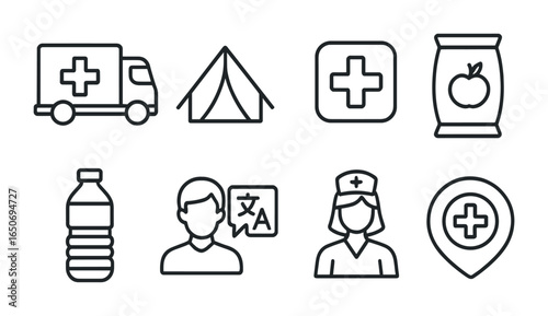 Humanitarian Aid Icons. Outline icon set of humanitarian war response: aid truck, tent, red cross, food pack,
