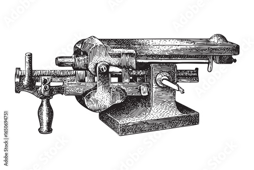 Complex machine engraving illustration. Industrial machine engraving, mechanical device illustration, isolated on transparent background. Vector illustration.