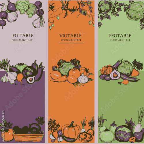 A versatile set of hand-drawn vintage vegetable banners, detailed vector illustrations for organic food concepts