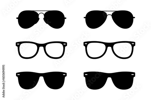 Collection of six different styles of eyewear including sunglasses and eyeglasses shown in black