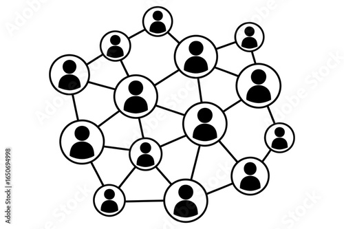 Illustration of a social network with people icons connected by lines in black and white