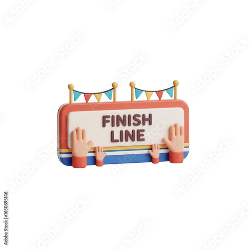 Whimsical Finish Line Sign With Colorful Flags And Hands On Transparent Background