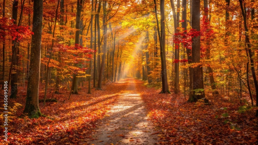 Obraz premium Sunlight streams through autumn forest path