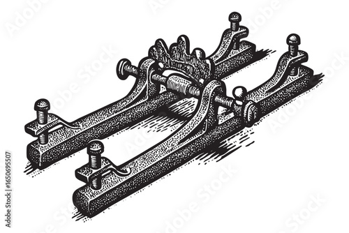 Detailed stretcher engraving illustration. Technical drawing of a tool element. A precise depiction of a stretcher, showcasing its design and functionality.