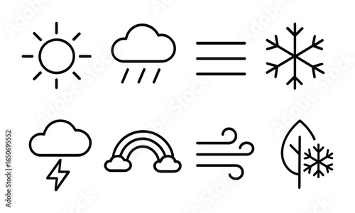 Forest Weather Icons. Outline icon set of forest weather: sunshine, raincloud, fog, snowflake, thunderstorm,