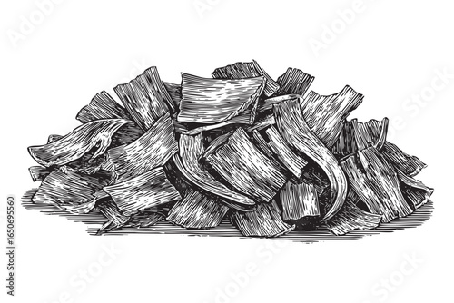 Wood shavings engraving illustration. Detailed pile of carpentry byproducts. A precise depiction of wood shavings, showcasing their texture and form.