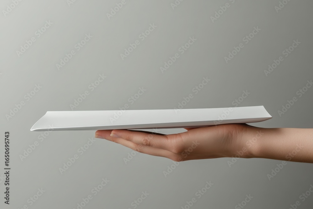 Hand holding a white paper airplane with a gray background Hand holding a white paper airplane with a gray background