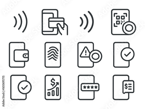 Mobile Payment Icons. Outline icon set of mobile payments: NFC icon, smartphone pay, contactless symbol, QR