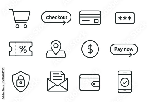 E-commerce Icon Set. Outline icon set of e-commerce payments: shopping cart, checkout button, card form, CVV