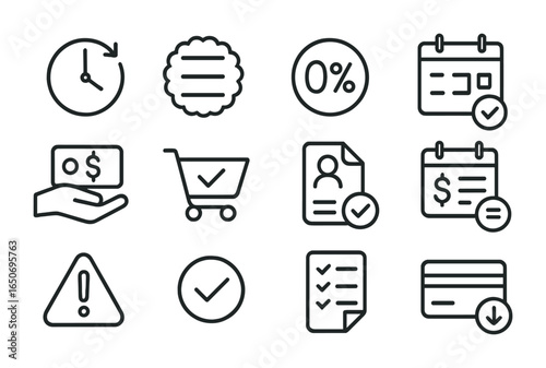 Buy Now Pay Later Icons. Outline icon set of buy now pay later: pay later icon, installment badge,