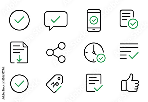 Payment Confirmation Icons. Outline icon set of payment confirmation: green checkmark, SMS alert, email