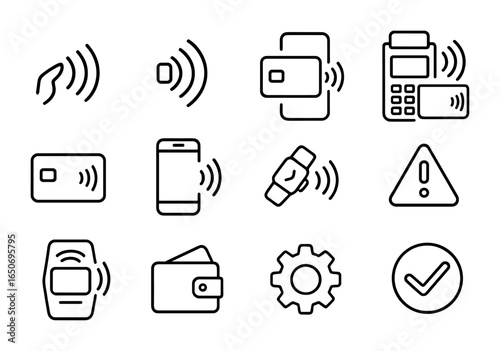 Contactless Payment Icons. Outline icon set of contactless payments: tap symbol, proximity icon, RFID signal,