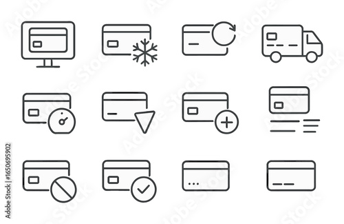 Online Card Icon Set. Outline icon set of online card management: virtual card, freeze/unfreeze, PIN reset,